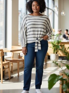 Umgee Gray and White Striped Tie-Front Top